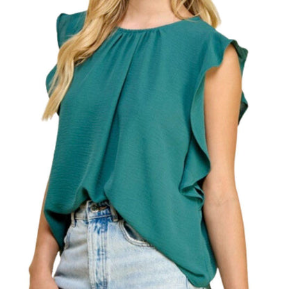 Teal Cut Out Sleeve Ruffle Blouse - Kin Trading Post