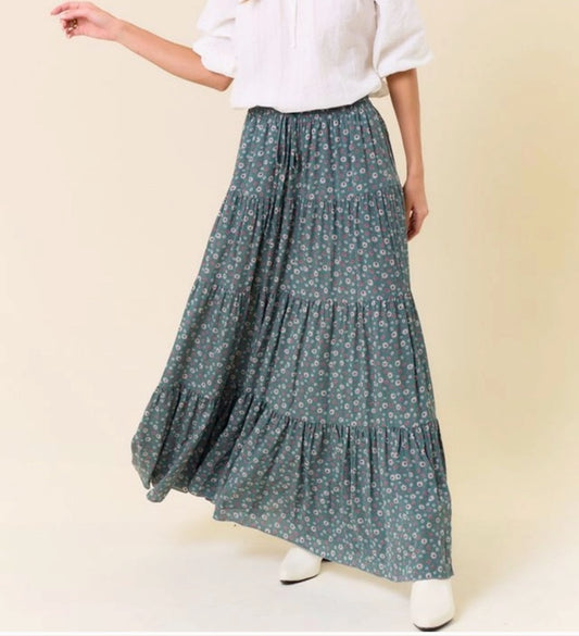 Layered Floral Maxi Blue-Green Skirt, Made in USA 