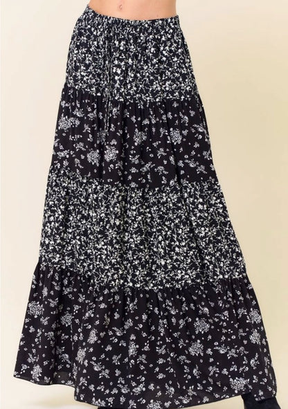 Black Floral Layered Maxi Skirt - Made in USA