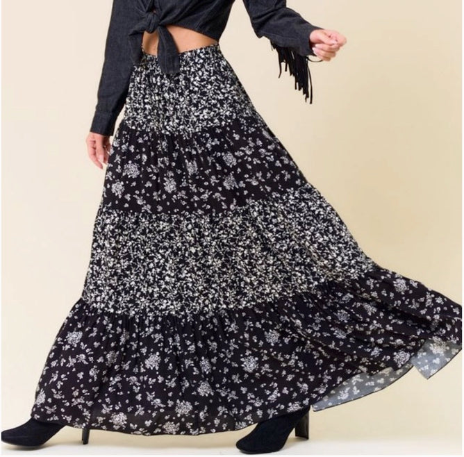 Black Floral Layered Maxi Skirt - Made in USA