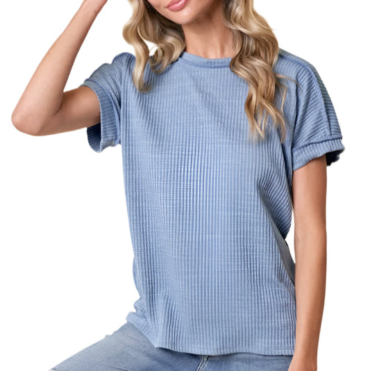 Blue Soft Ribbed Short Sleeve Top - Made in USA