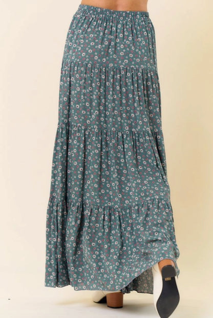 Layered Floral Maxi Blue-Green Skirt, Made in USA 