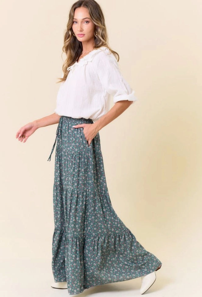 Layered Floral Maxi Blue-Green Skirt, Made in USA 