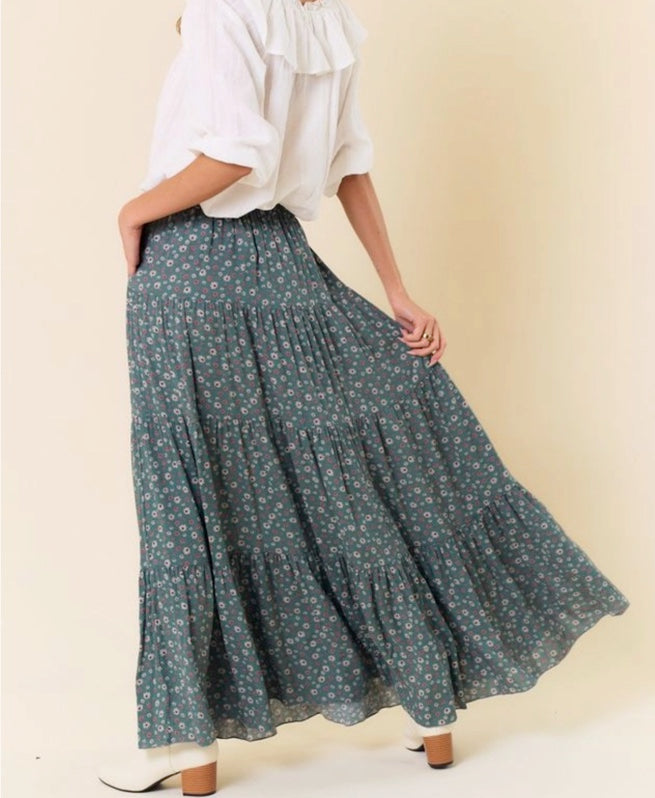 Layered Floral Maxi Blue-Green Skirt, Made in USA 