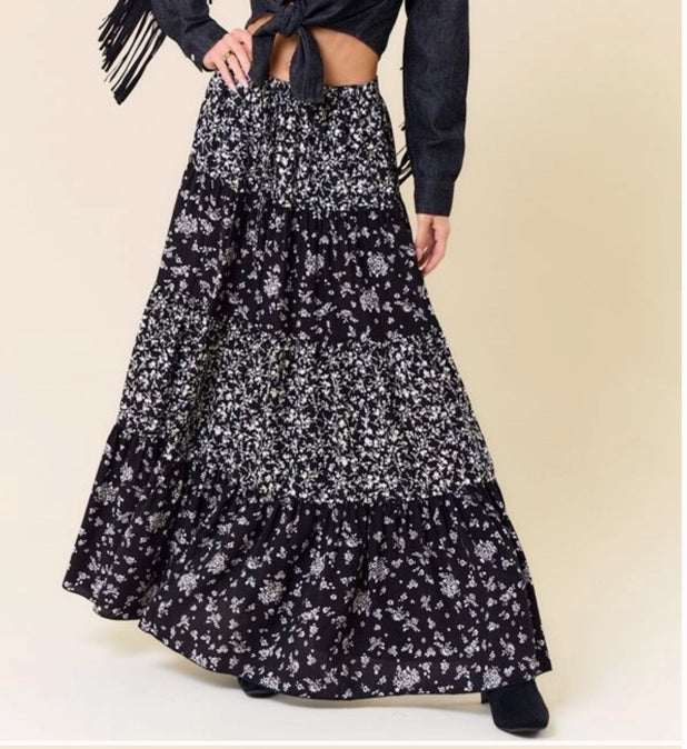 Black Floral Layered Maxi Skirt - Made in USA