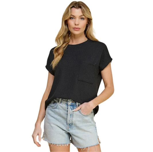 Black Ribbed Blouse with Pocket