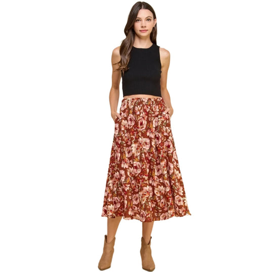 Brown Red Floral Maxi Skirt - Made in USA