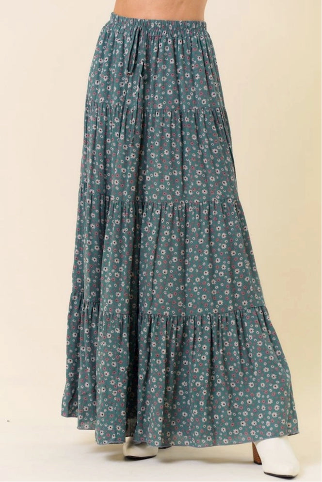 Layered Floral Maxi Blue-Green Skirt, Made in USA 