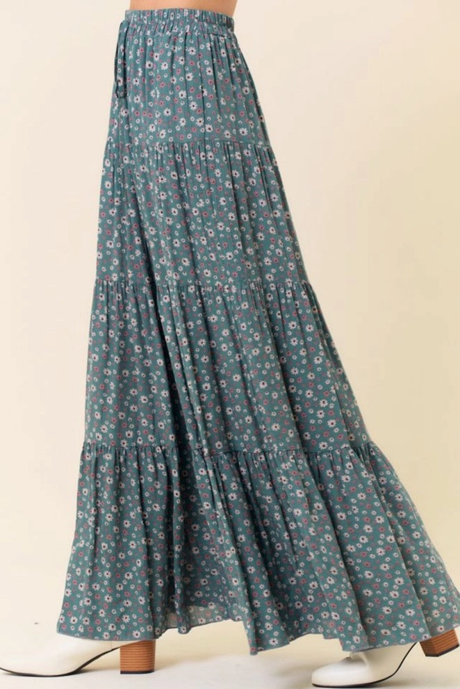 Layered Floral Maxi Blue-Green Skirt, Made in USA 