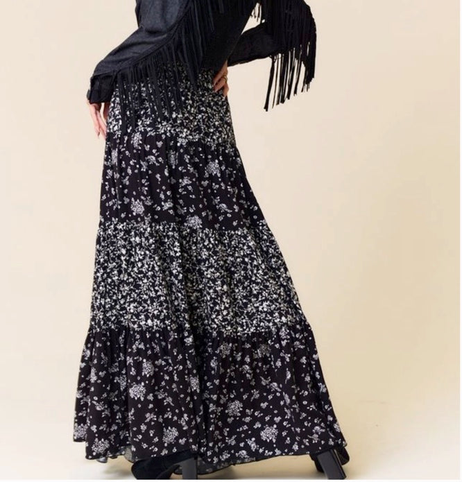 Black Floral Layered Maxi Skirt - Made in USA