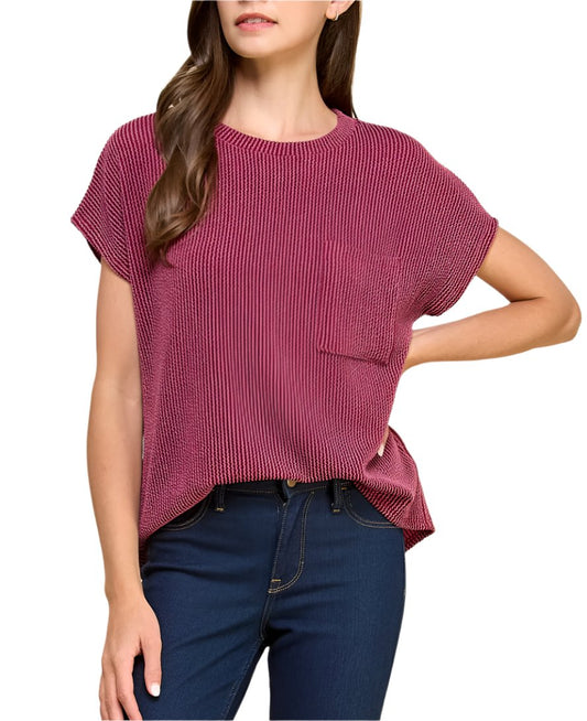 Dark Red Ribbed Shirt with Pocket