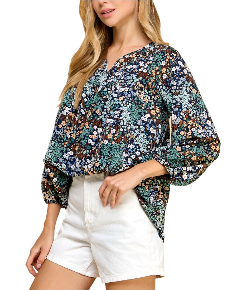 Navy Blue Floral Blouse