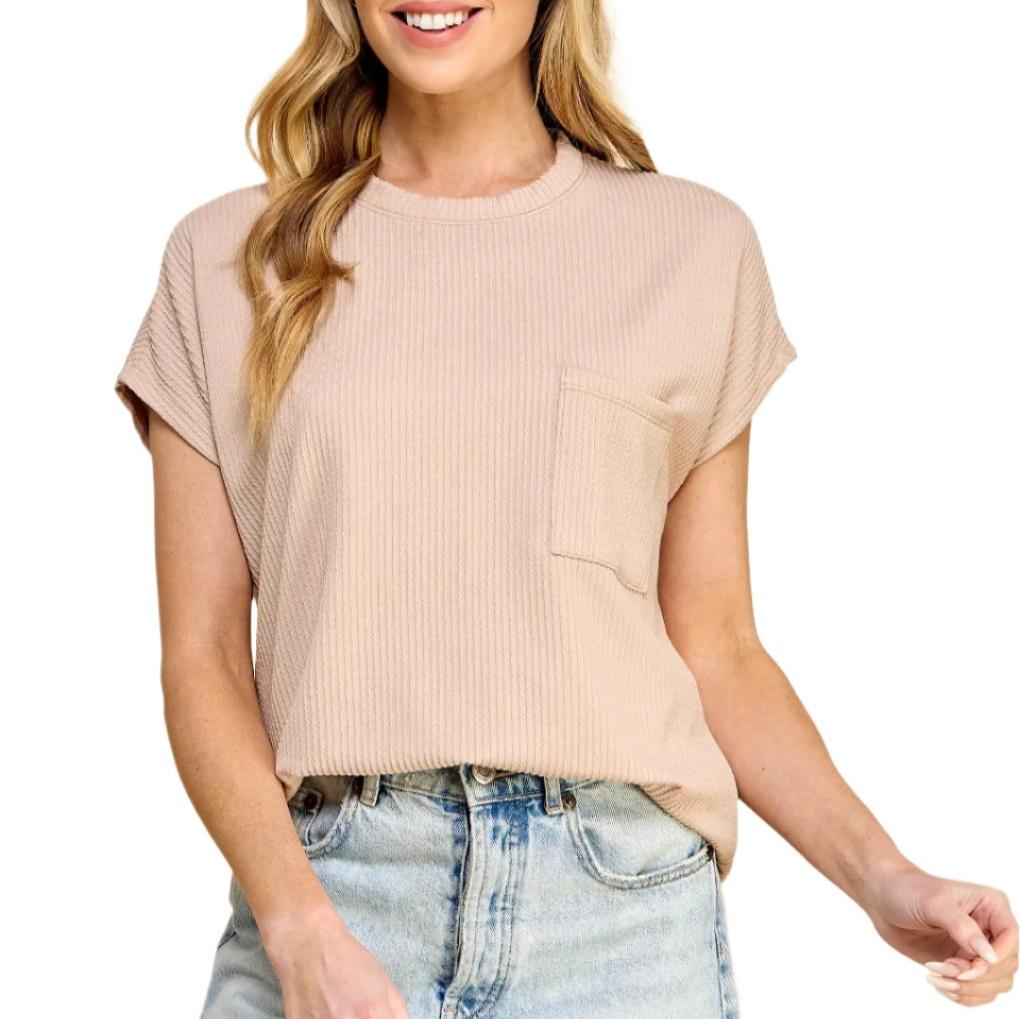 Ribbed Top with Pocket - Nude/Beige Color