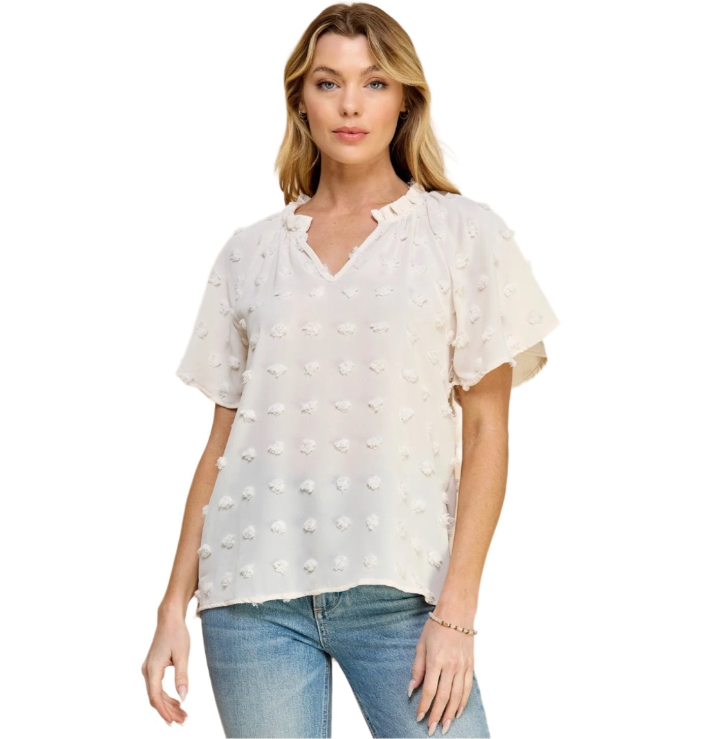 Swiss Dot Top White V Neck - Made in USA