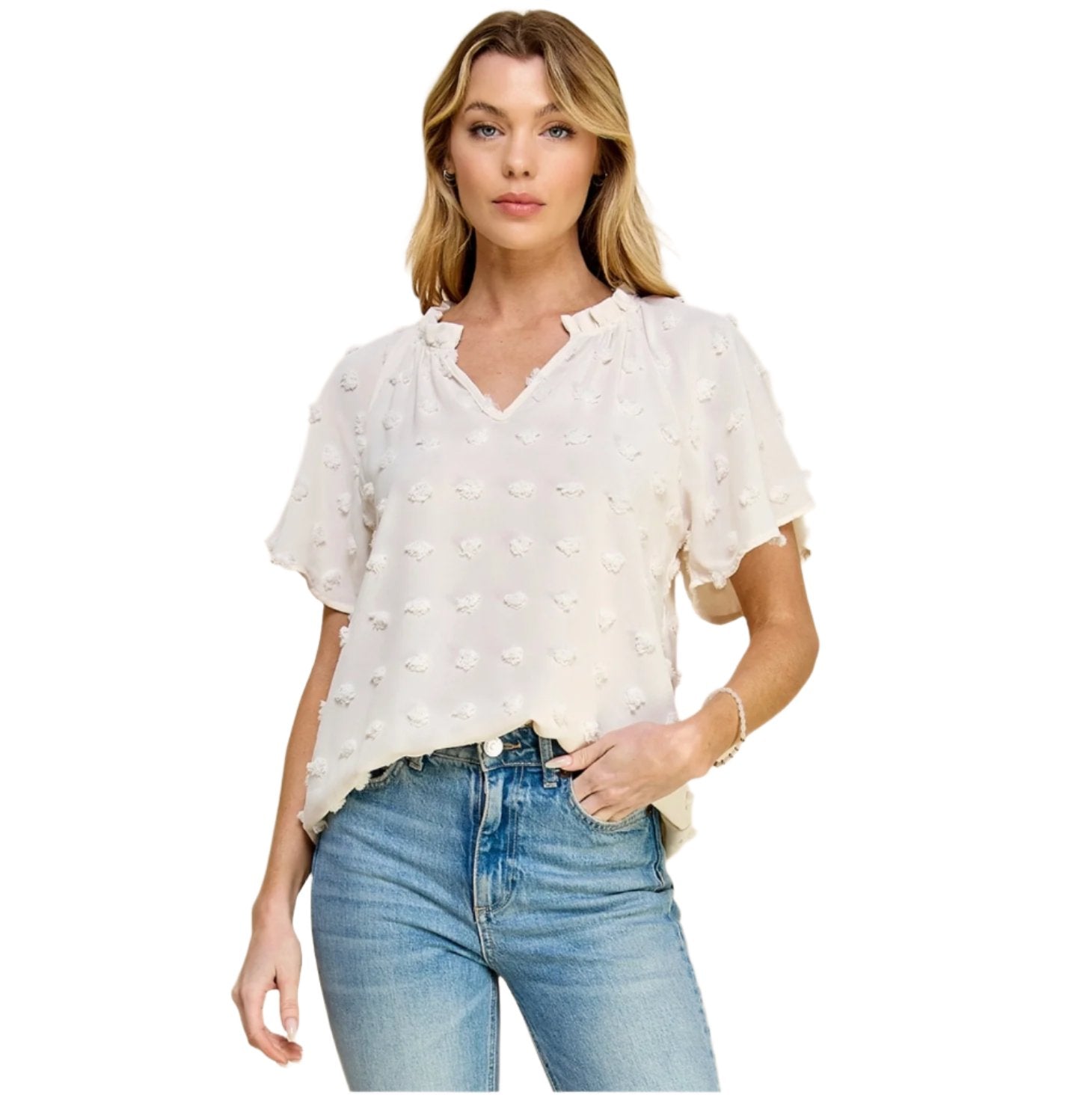 Swiss Dot Top White V Neck - Made in USA